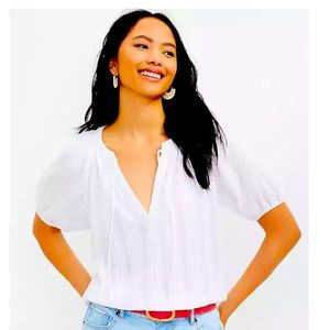 NWT loft striped jacquard tie neck top in white